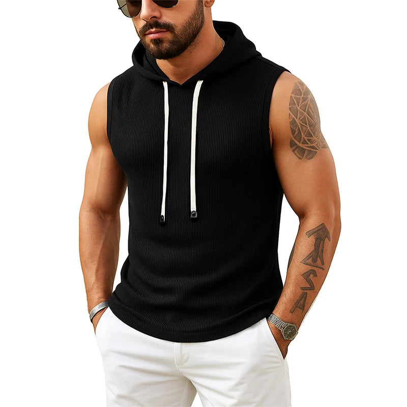 Tank Top Men’s Ribbed Sleeveless Hoodie Casual Muscle Fit Hooded Vest Gym Streetwear Sportswear Men Summer Top Tee Hooded Tank