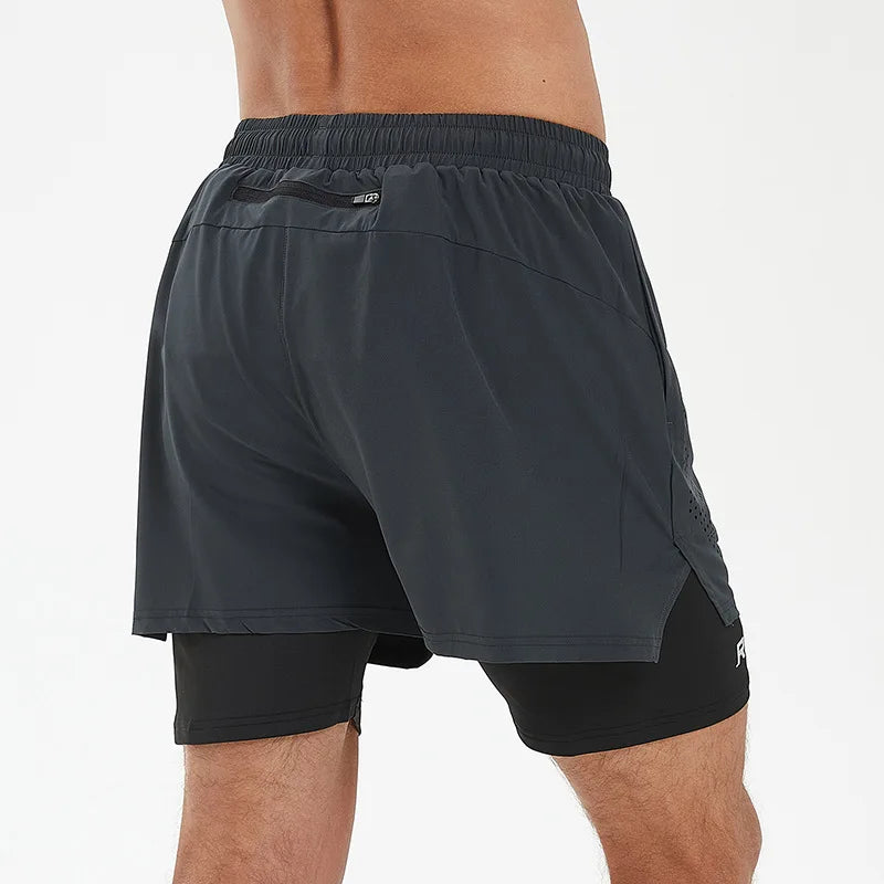 Men 2 in 1 Multi-Pocket Shorts Fitness Workout Lined Tight Short Race Marathon Sweatpants Quick Dry Breathable Scanties Running