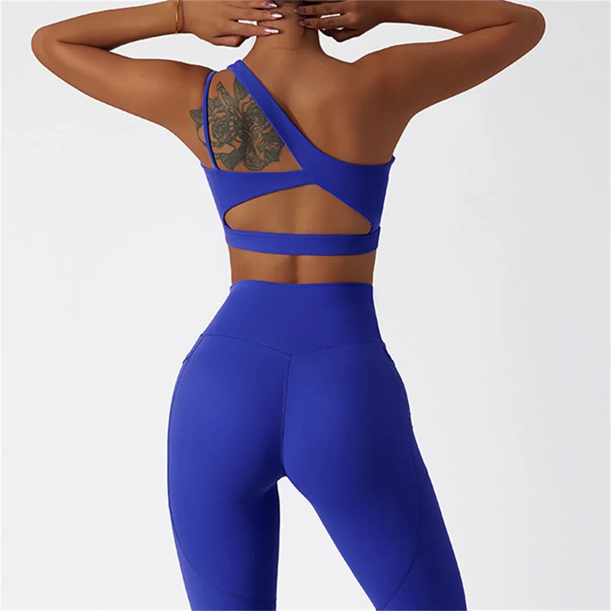 One Shoulder Shock-absorbing Sports Bra Women Blue Fitness Beautiful Back Gym Yoga Cut Out Cross Tight Workout Running Tank Top