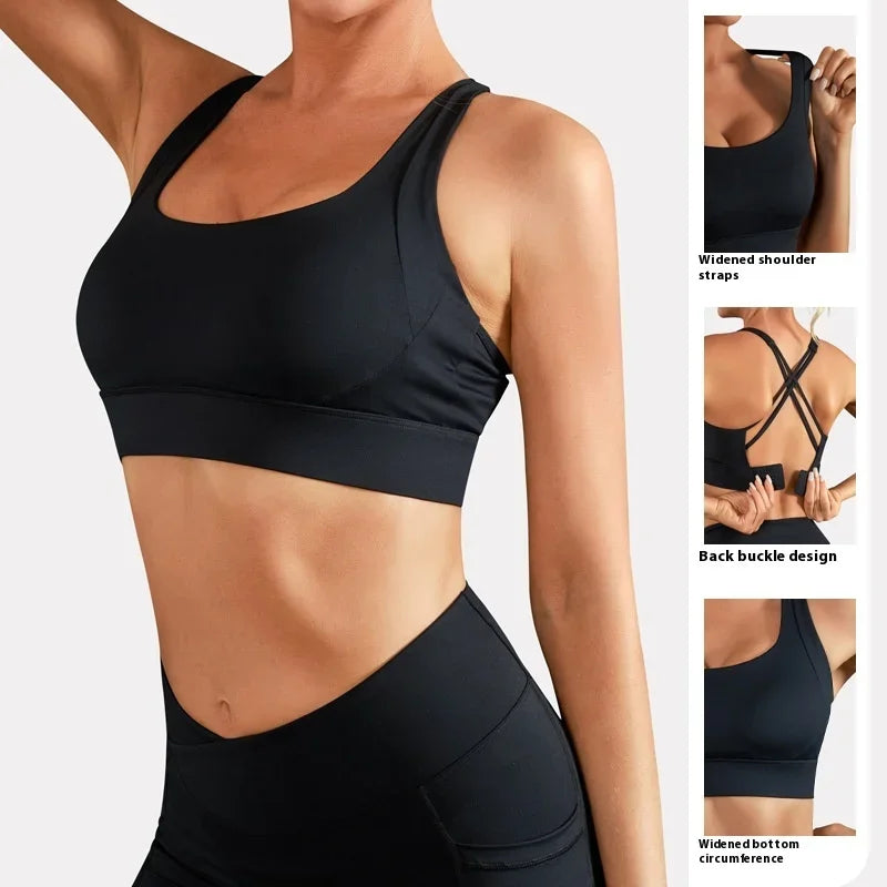 Women Yoga Underwear Solid Color Cross Back Fitness Sport Bra High Strength Tight Top Comprehensive Training Gym with Chest Pad