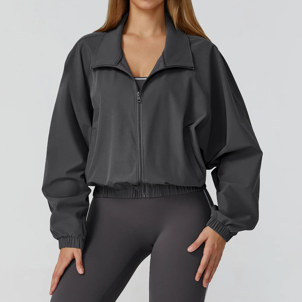 Women Sport Jacket Long Sleeve Shirt Gym Sportswear Quick Drying Stand Up Collar Zipper Top Windproof Outdoor Running Yoga Jacke