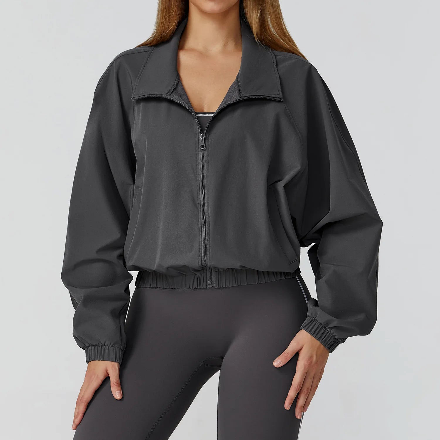 Women Sport Jacket Long Sleeve Shirt Gym Sportswear Quick Drying Stand Up Collar Zipper Top Windproof Outdoor Running Yoga Jacke