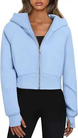 2025 European and American Women's Hooded Zipper Short Casual Plush Long-sleeved Sweatshirt