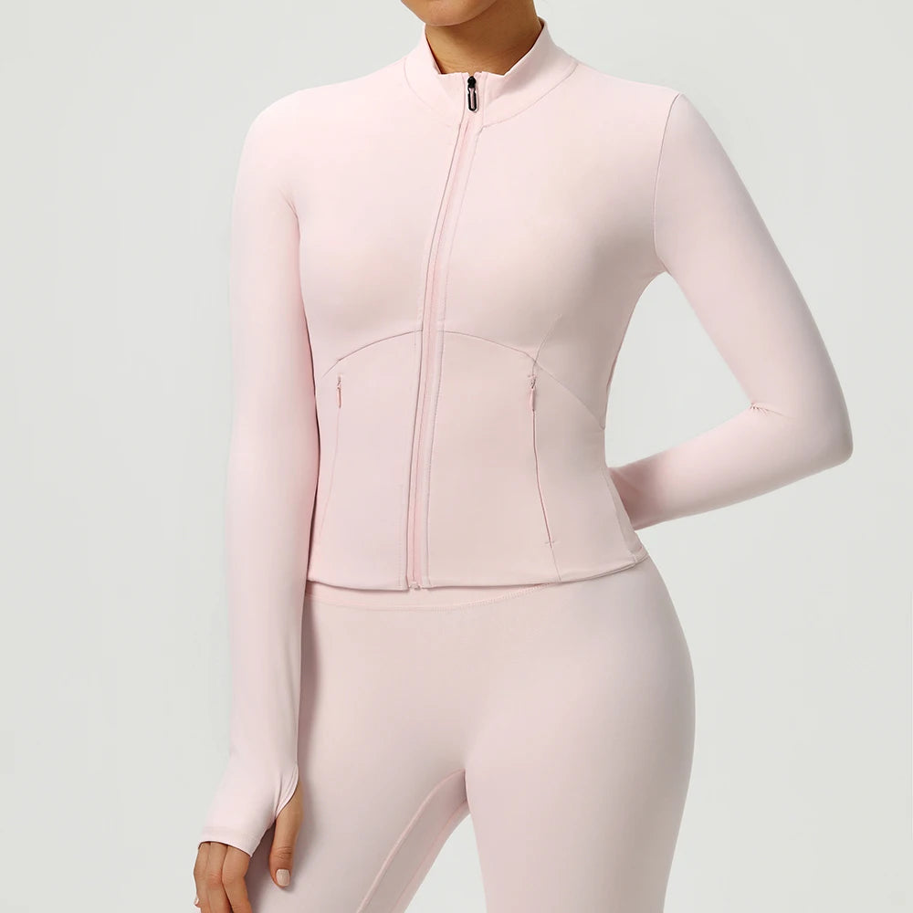 Double Zipper Pockets Long Sleeve Yoga Jacket Women Tight Slim Fitness Sports Shirts Gym Workout Tops Running Cycling Jackets