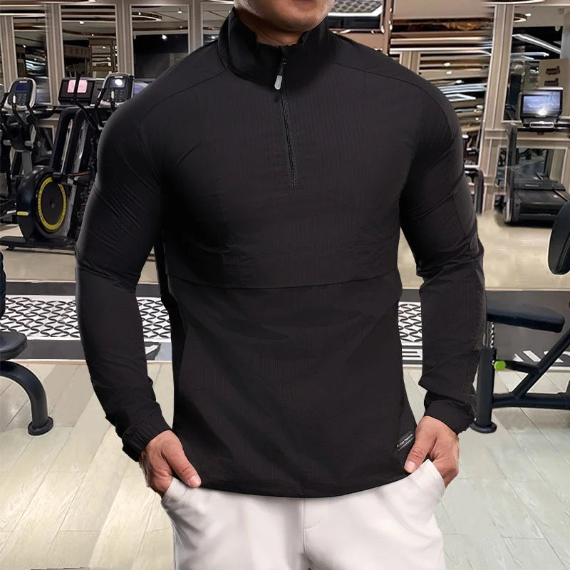 Men Long Sleeves T-shirt Elastic Ice Silk Outdoor Sports Fitness Quick Dry T-Shirt Half Zipper Sports Casual Top Men Sportswear