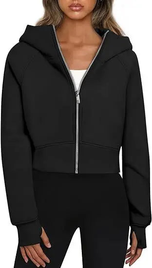 2025 European and American Women's Hooded Zipper Short Casual Plush Long-sleeved Sweatshirt