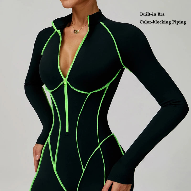 VITALINOVO Women Long Sleeve Workout Jumpsuit Zip Up Romper Bottom Pants Built-in Bra Bodysuit Bodycon Sexy One Piece Colorblock