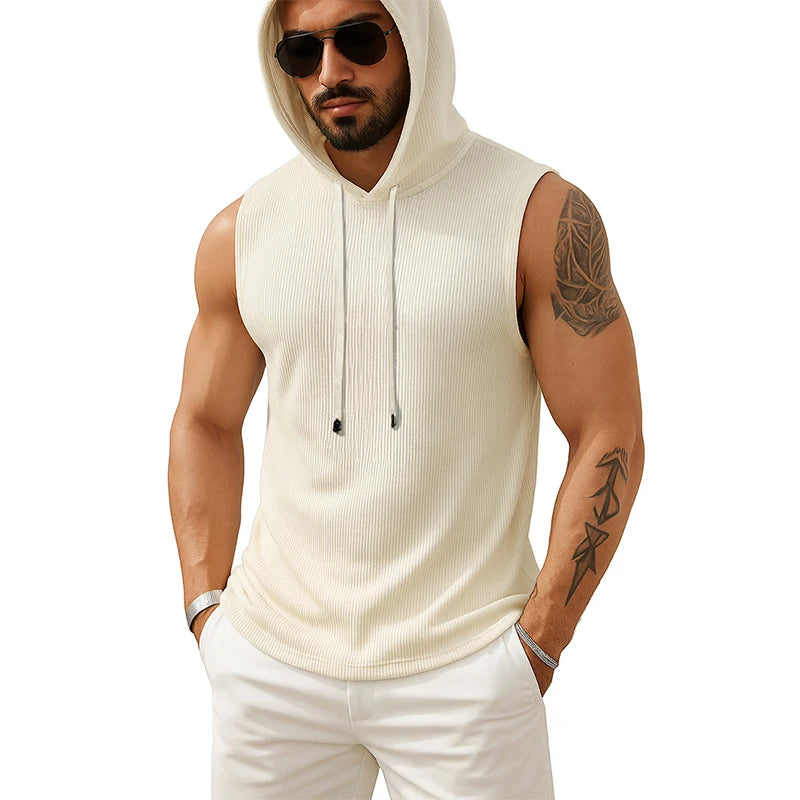 Tank Top Men’s Ribbed Sleeveless Hoodie Casual Muscle Fit Hooded Vest Gym Streetwear Sportswear Men Summer Top Tee Hooded Tank
