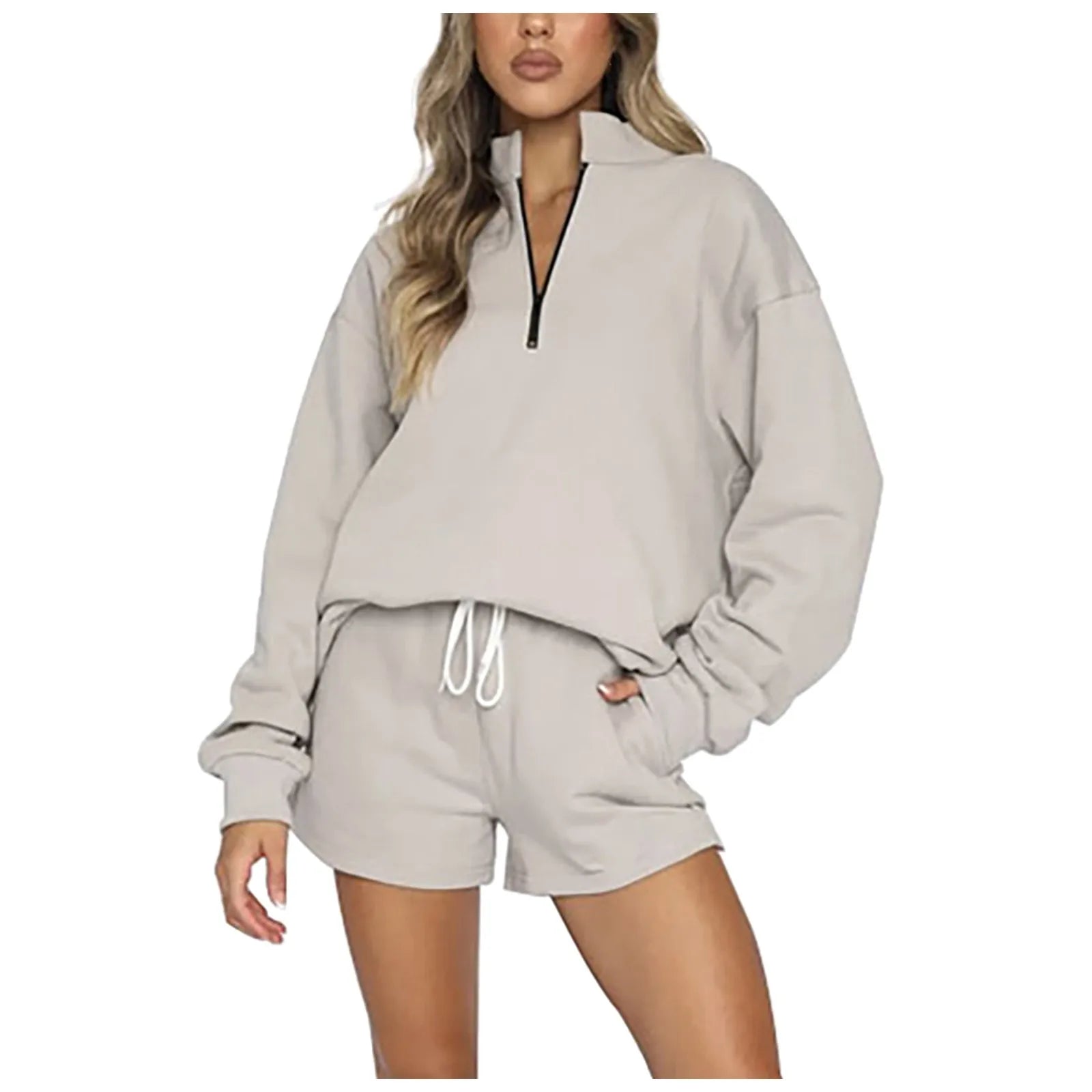 Solid Color Stand Up Collar Zipper Pullover Long Sleeved Sweatshirt For Women Fashion Shorts Suit Casual Sport Shorts Set