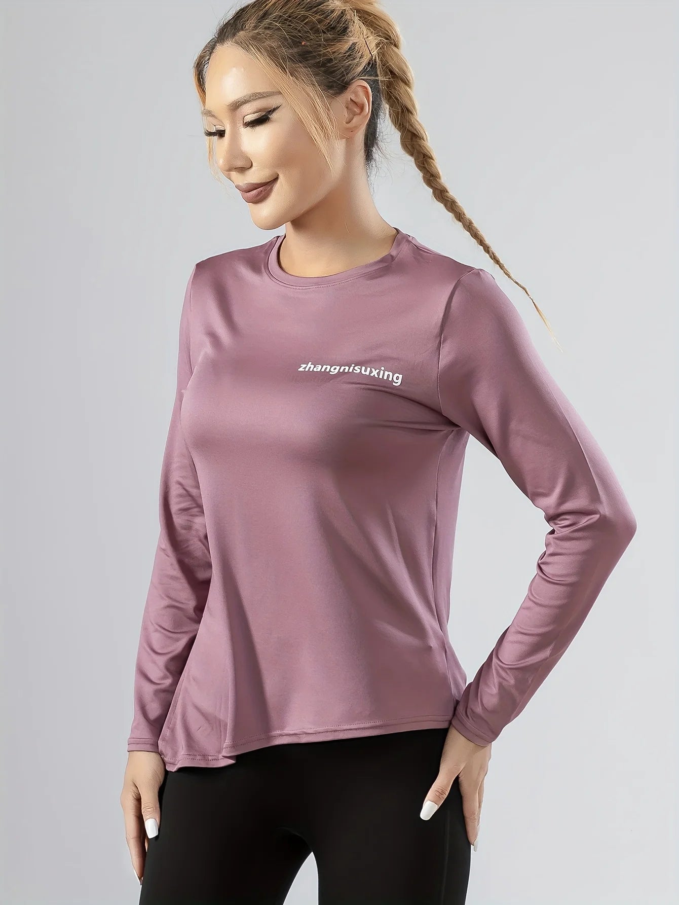 Letter Print Round Neck Long Sleeve T-shirt, Fitness Yoga Split Hem Top, Women's Tops