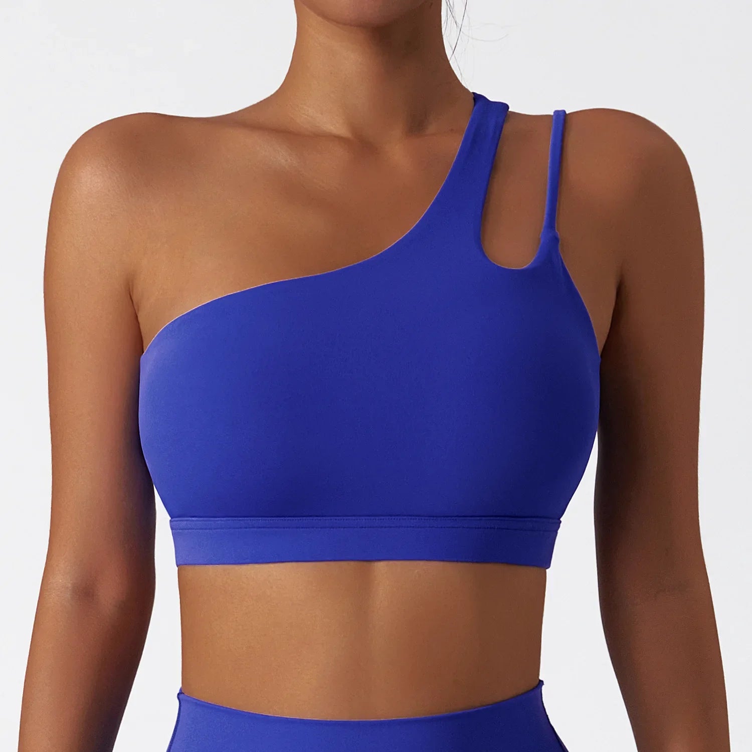 One Shoulder Shock-absorbing Sports Bra Women Blue Fitness Beautiful Back Gym Yoga Cut Out Cross Tight Workout Running Tank Top