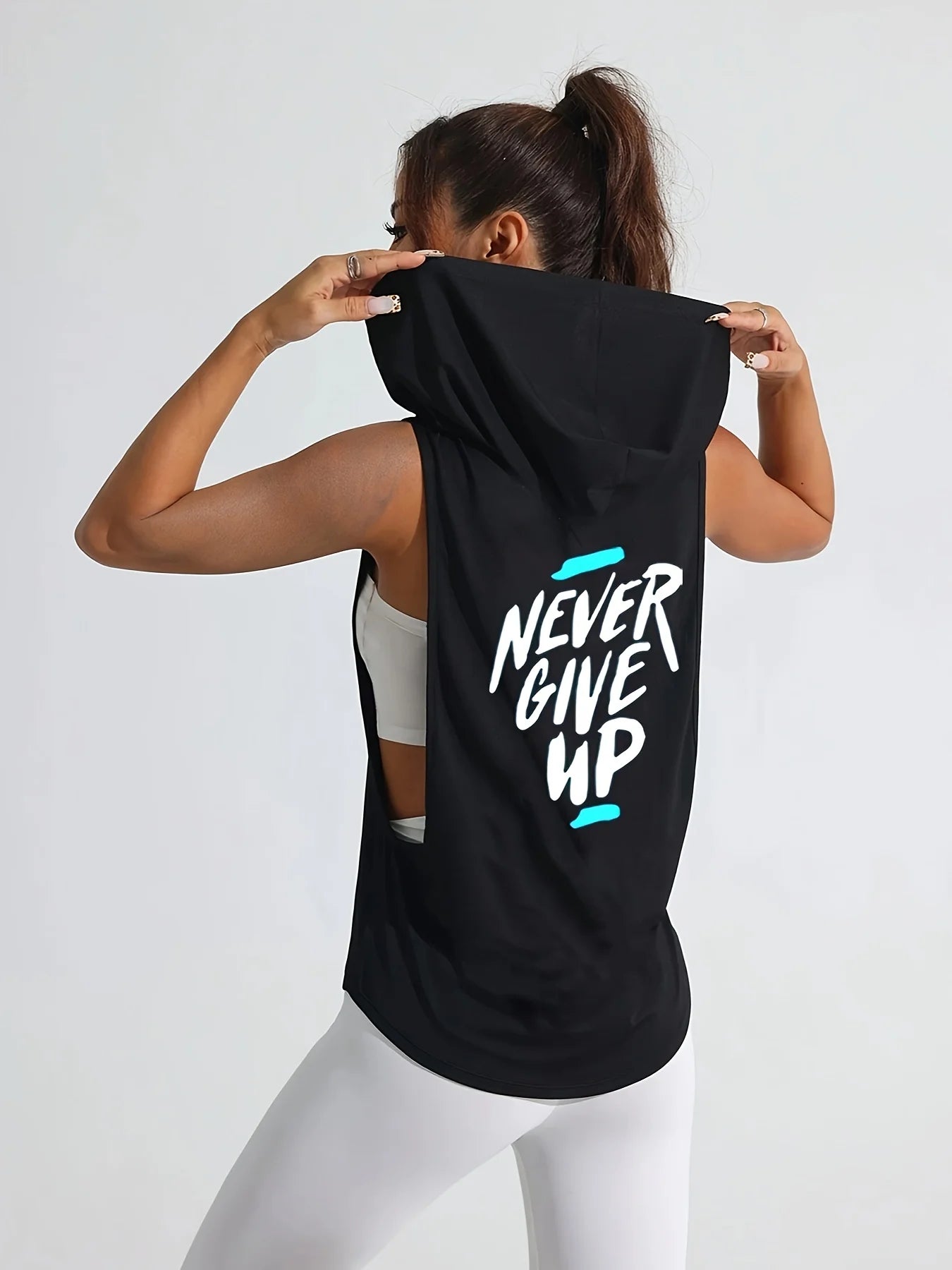 Women's Quick-Dry Breathable Sport Vest - Slimming Fit Hooded Design with "Never Give Up" Back Print Collar Summer Gym