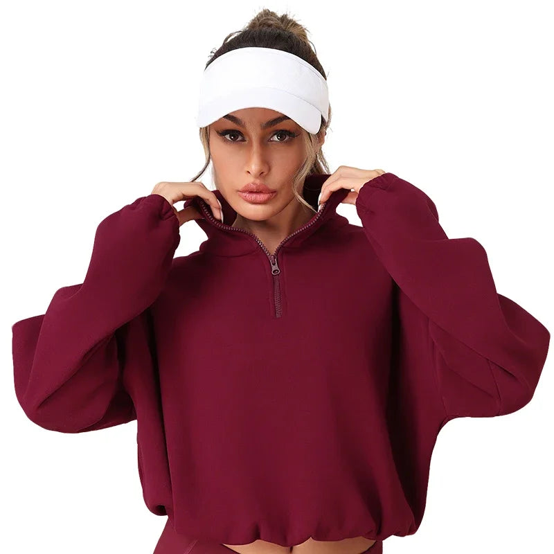 Thermal Half Zip Loose Yoga Shirt Solid Color Fleece Lined Sweatshirt Autumn Winter Pullover Drawstring Hem for Adjustable Fit