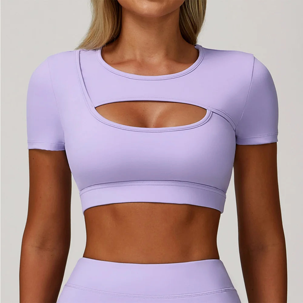 Women's Tight Fitting Sports T-shirt Quick Drying Short Sleeved Hollow Out Yoga T-shirt Running Exercise Fitness Short Sleeved