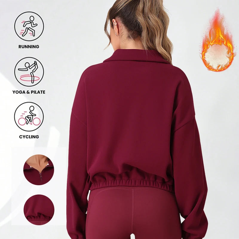 Thermal Half Zip Loose Yoga Shirt Solid Color Fleece Lined Sweatshirt Autumn Winter Pullover Drawstring Hem for Adjustable Fit