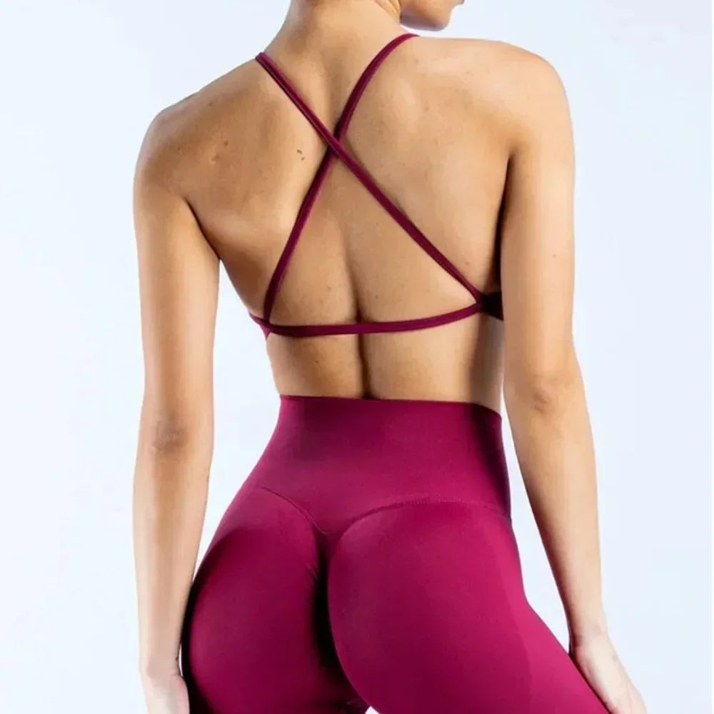 Women Summer Solid Color Cross Back Sports Bra Sexy Backless Cross Strap with Chest Cushion Bra Vest Gym Yoga Sports Top