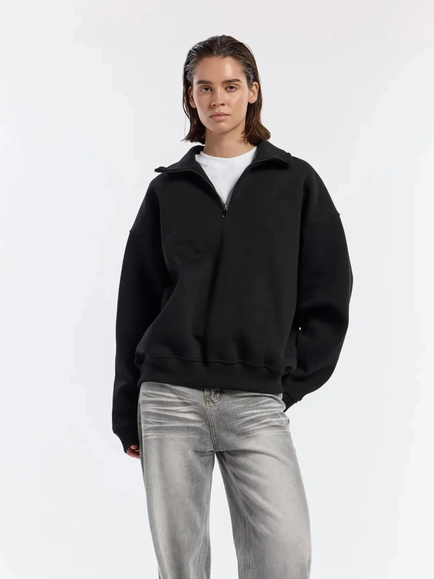 Thickened Oversize Sweatshirt Jacket Women's Loose Fit Solid Color Autumn Winter Fashion Personalized Simple Cotton Hoodie