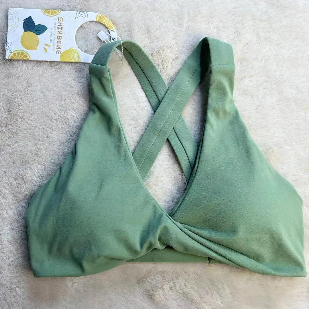 SHINBENE Hi Cloud Strappy Cross Back Yoga Bra Padded Fitness Crop Top Sexy Front Twist Sports Bra