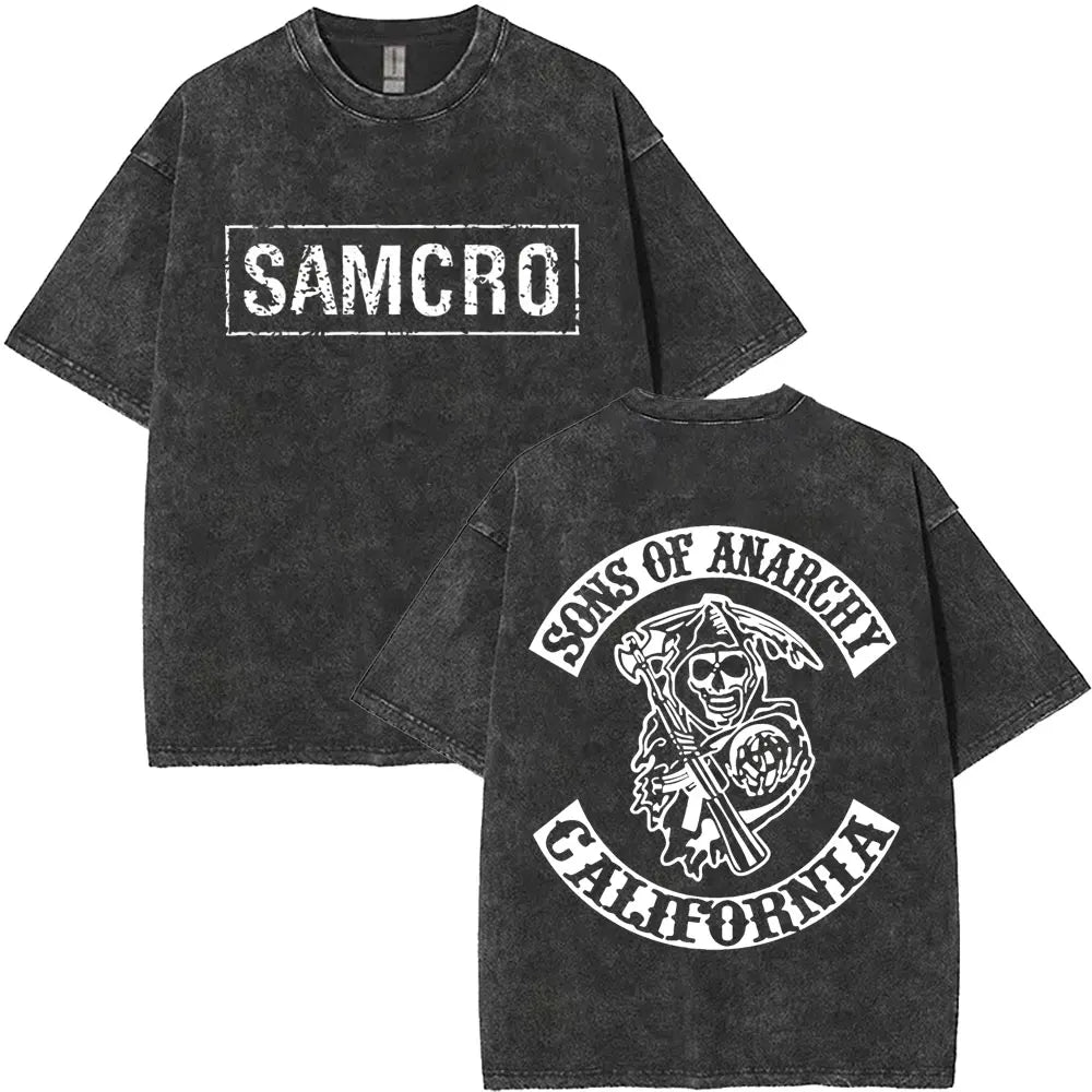 Washed Vintage Sons of Anarchy SAMCRO Double Sided Graphic T Shirt Men Women Hip Hop Rock Oversized T-shirts Male Casual T-shirt