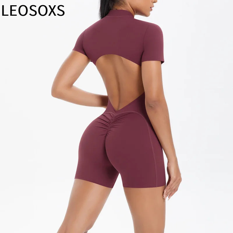 LEOSOXS Solid Color Seamless Zipper Beautiful Back Tight One-Piece Yoga Suit Gym Breathable Sports Running Workout Fitness Suit