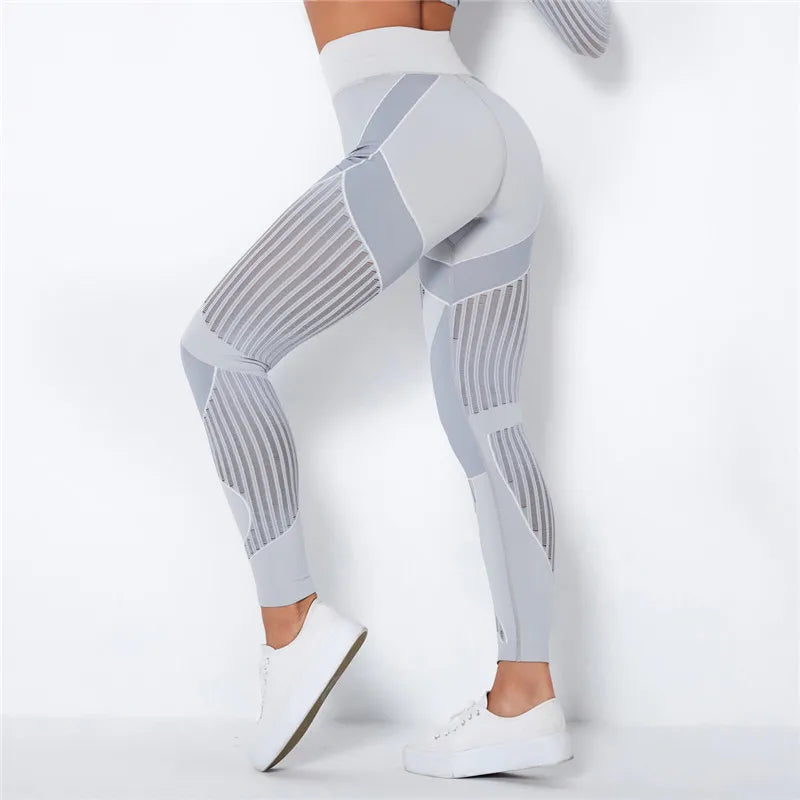 Hollow hip lift Sexy Leggings Women Seamless elastic tight bodybuilding High Waist Stripe Pants Slim Push Up Fitness Leggins