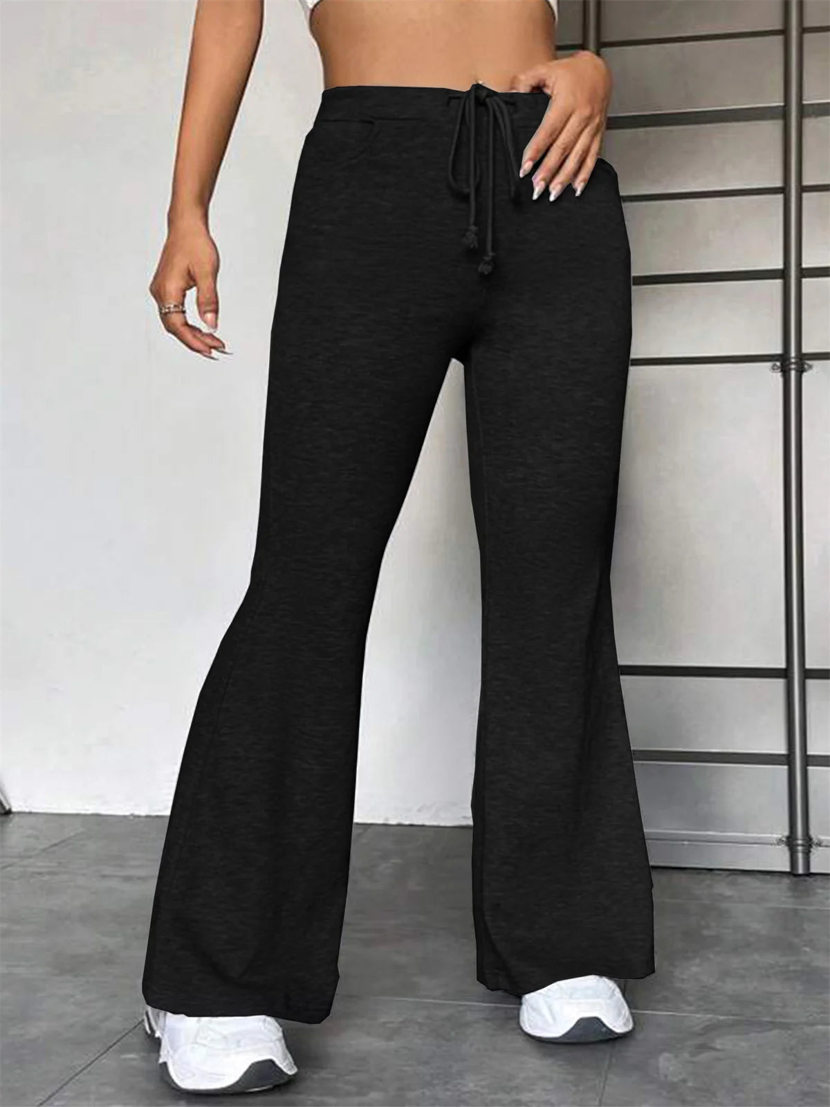 Women Casual Drawstring Flare Pant Autumn Spring Solid High Waist Yoga Sports Pants Chic Baggy Joggers Trousers Slim Streetwear