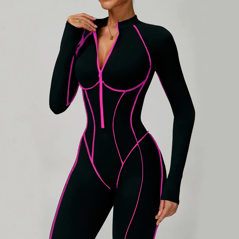 VITALINOVO Women Long Sleeve Workout Jumpsuit Zip Up Romper Bottom Pants Built-in Bra Bodysuit Bodycon Sexy One Piece Colorblock