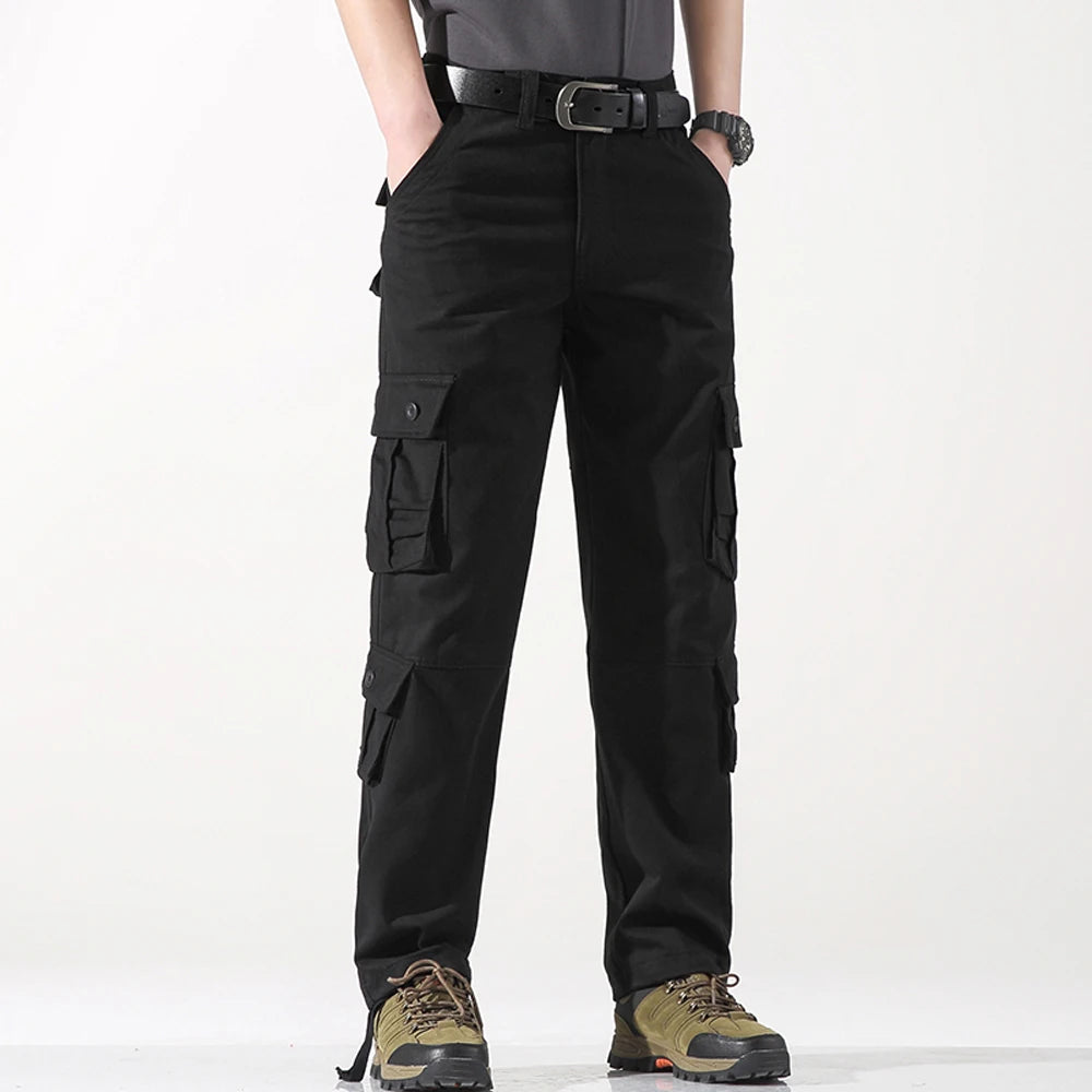8 POCKETS 100% Cotton Men's Solid Color Cargo Pants, Breathable ComfyOutdoor Pants With Multi Pockets For Hiking Trekking Travel