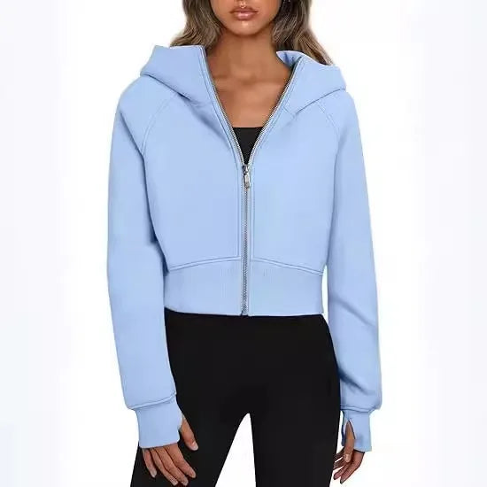 2025 European and American Women's Hooded Zipper Short Casual Plush Long-sleeved Sweatshirt