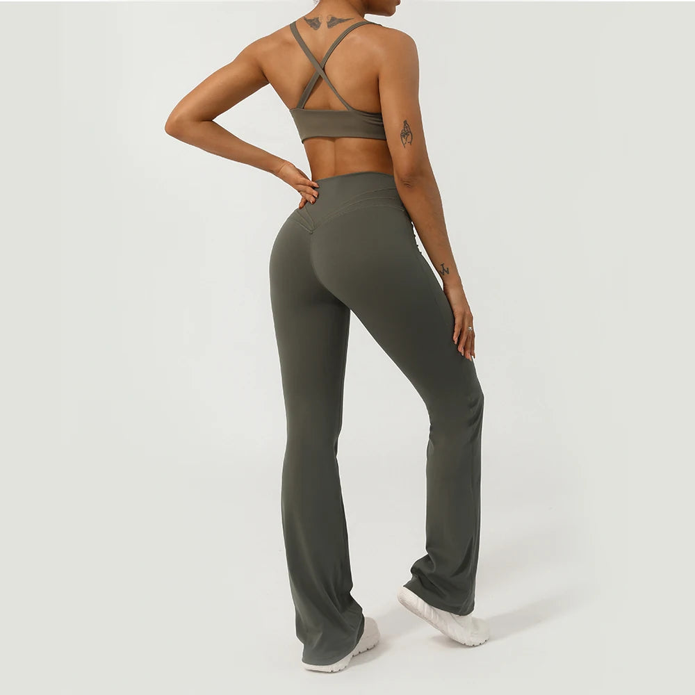 V-Cross Fitness Flare Pants Lifting Buttocks Cross Waist Yoga Sport Leggings Gym Outdoor Acticewear Workout Wide-Leg Pants