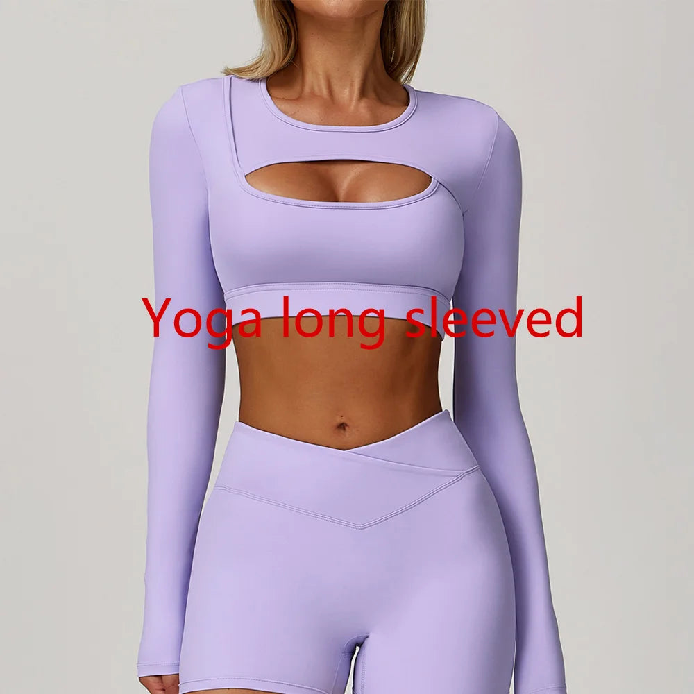 Women Yoga T-shirts Breathable Sports Top Long Sleeve Workout Running Shirts Sexy Exposed Navel Quick Dry Fitness Gym Clothing