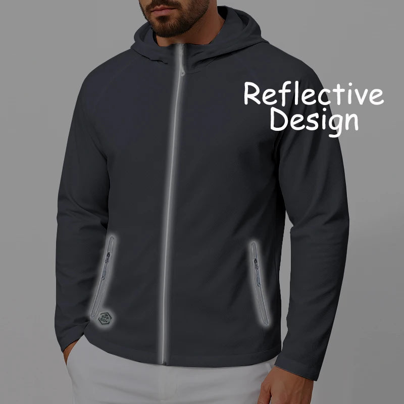50+ UPF Sun Protection Clothing Men Long Sleeve Hoodie Jacket Men UV Proof with Reflective Sign for Running Fishing Outdoor Wear