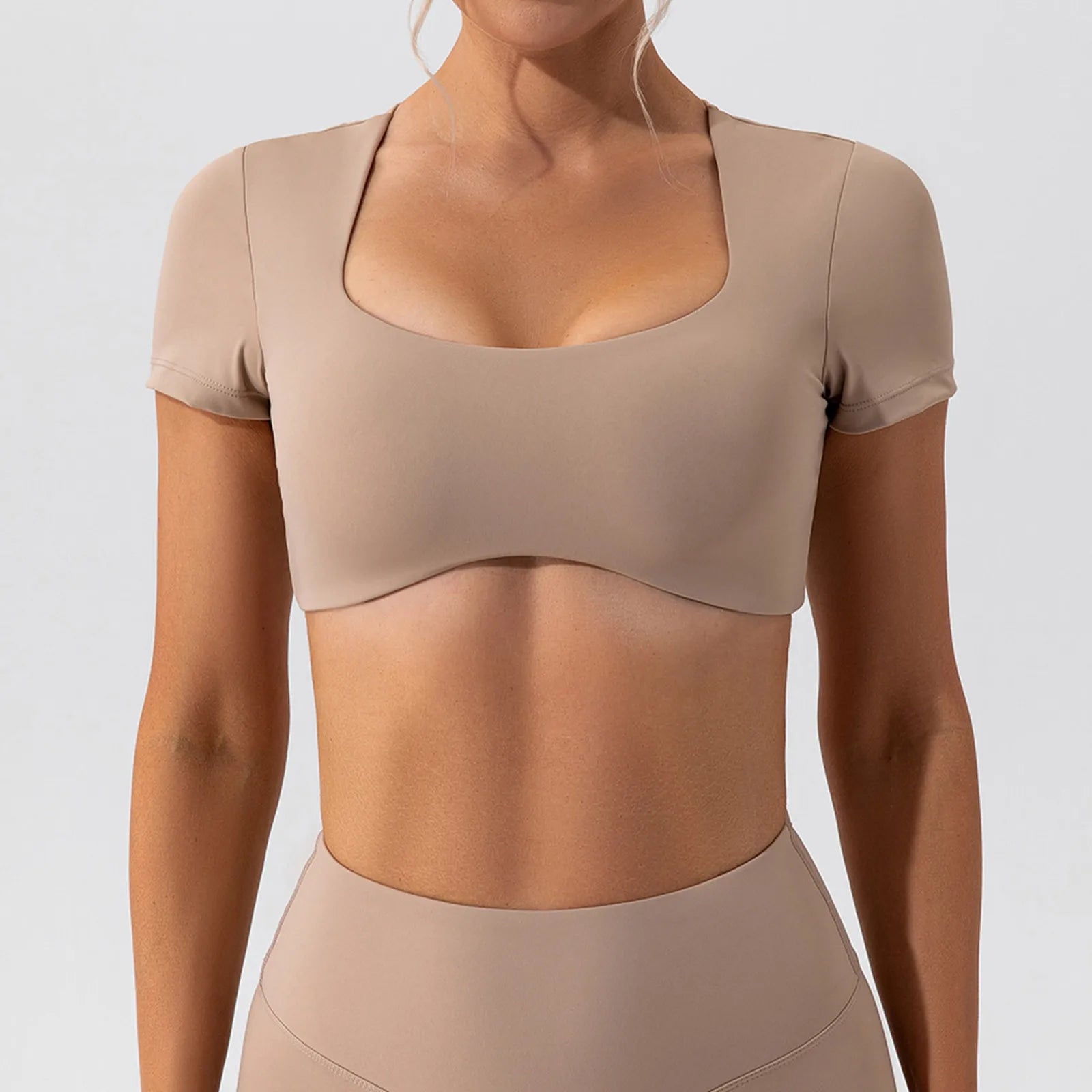 Ultra-Short T-Shirts Women Bare Midriff Square Neck Short Sleeve Tees Yoga Clothes Summer Sportwear Gym Running Quick Dry Tops