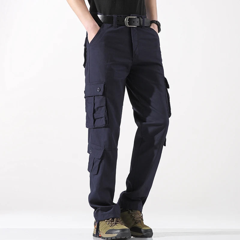 8 POCKETS 100% Cotton Men's Solid Color Cargo Pants, Breathable ComfyOutdoor Pants With Multi Pockets For Hiking Trekking Travel