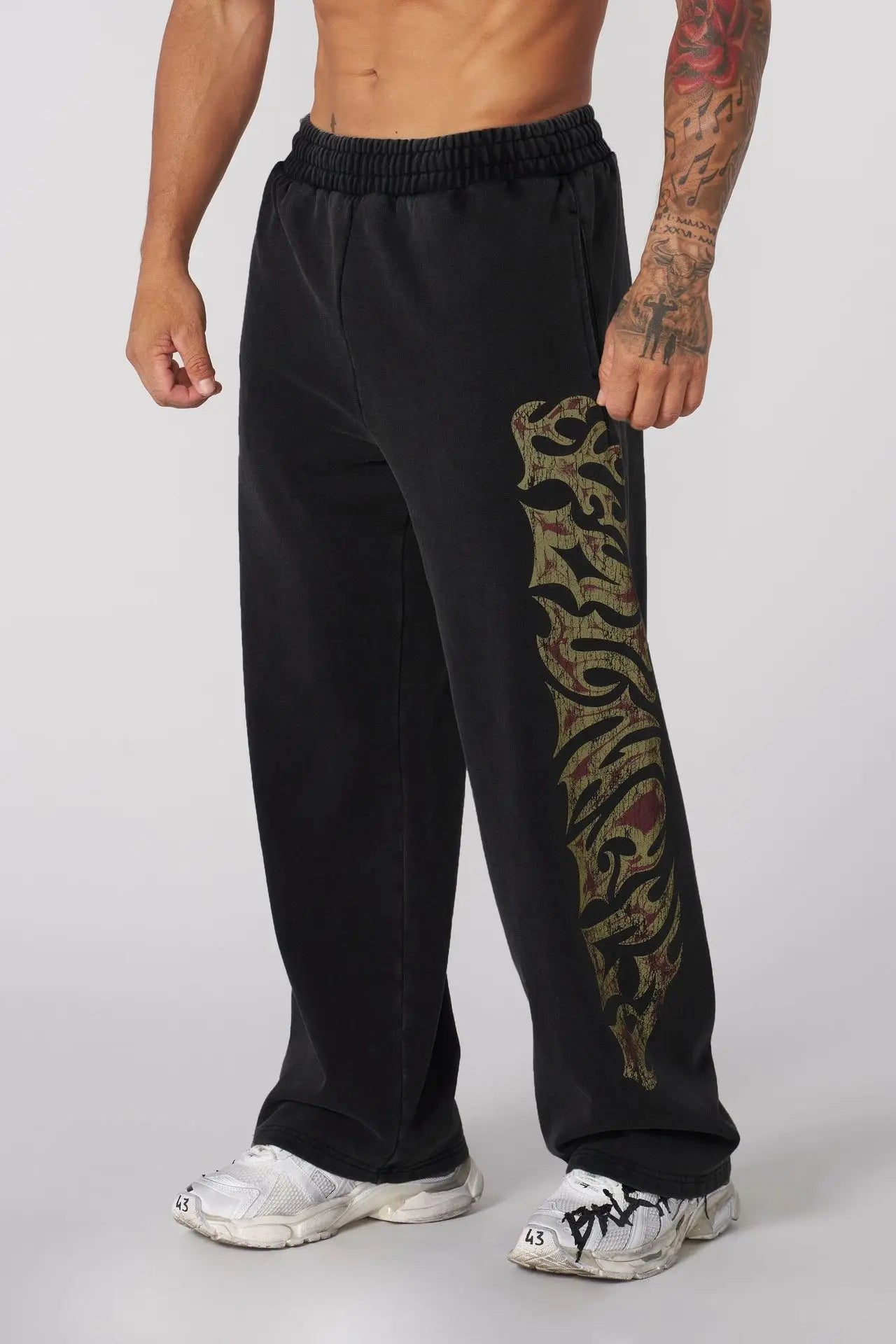 YONGLA American Trendy Brand Men's Sports Pants Gym Fitness Loose Straight Tube Printed Casual Pants