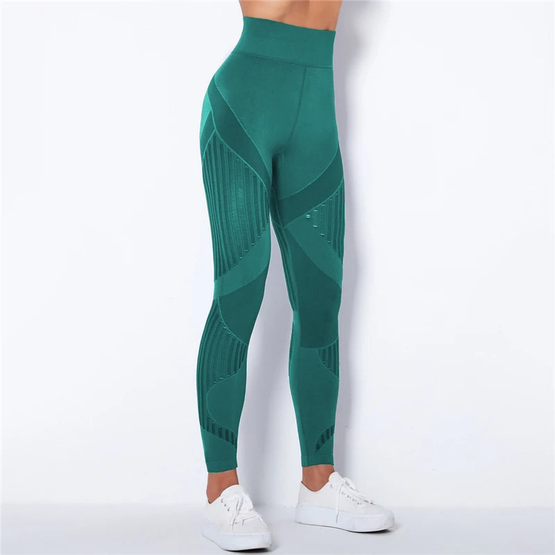 Hollow hip lift Sexy Leggings Women Seamless elastic tight bodybuilding High Waist Stripe Pants Slim Push Up Fitness Leggins