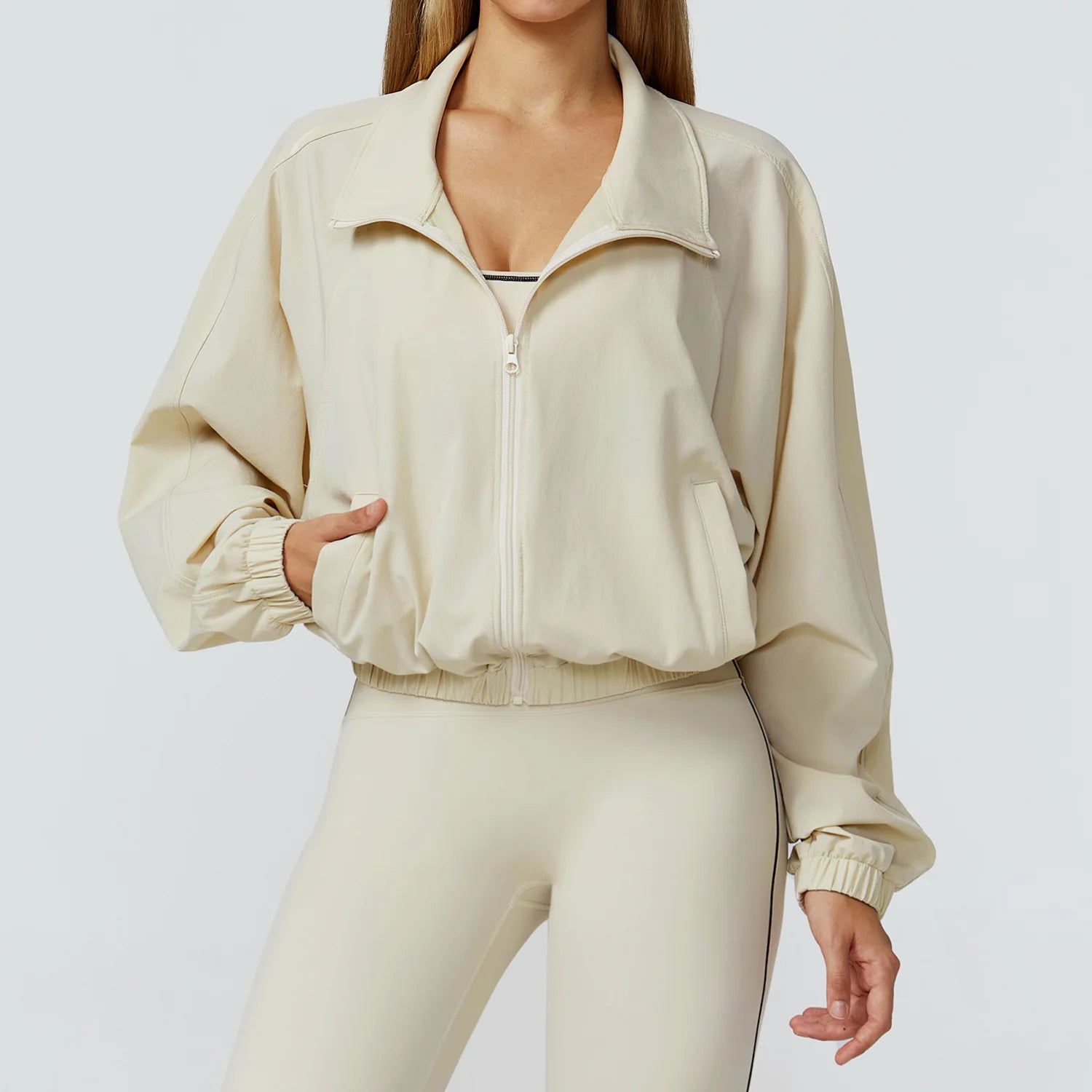 Women Sport Jacket Long Sleeve Shirt Gym Sportswear Quick Drying Stand Up Collar Zipper Top Windproof Outdoor Running Yoga Jacke