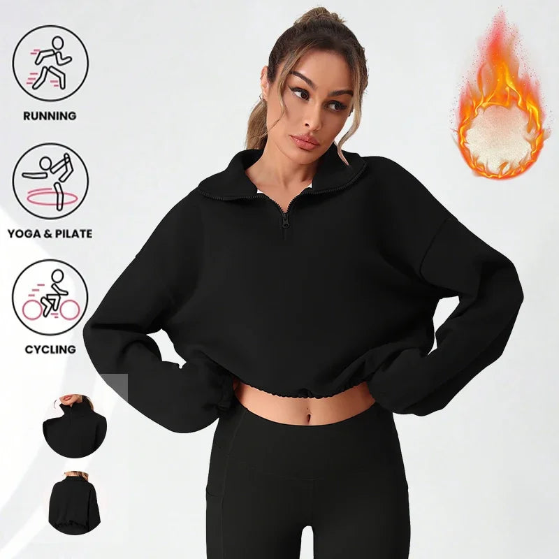 Thermal Half Zip Loose Yoga Shirt Solid Color Fleece Lined Sweatshirt Autumn Winter Pullover Drawstring Hem for Adjustable Fit
