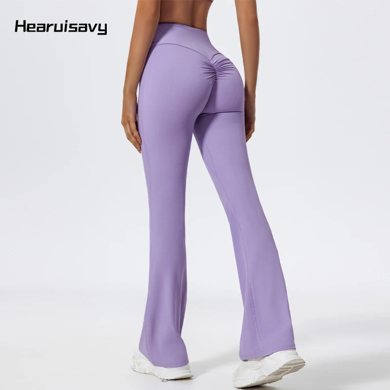 Hearuisavy High Waist Sports Leggings Women Gym Yoga Pants Women Fitness Workout Bell Bottom Trousers V Back Scrunch Flared
