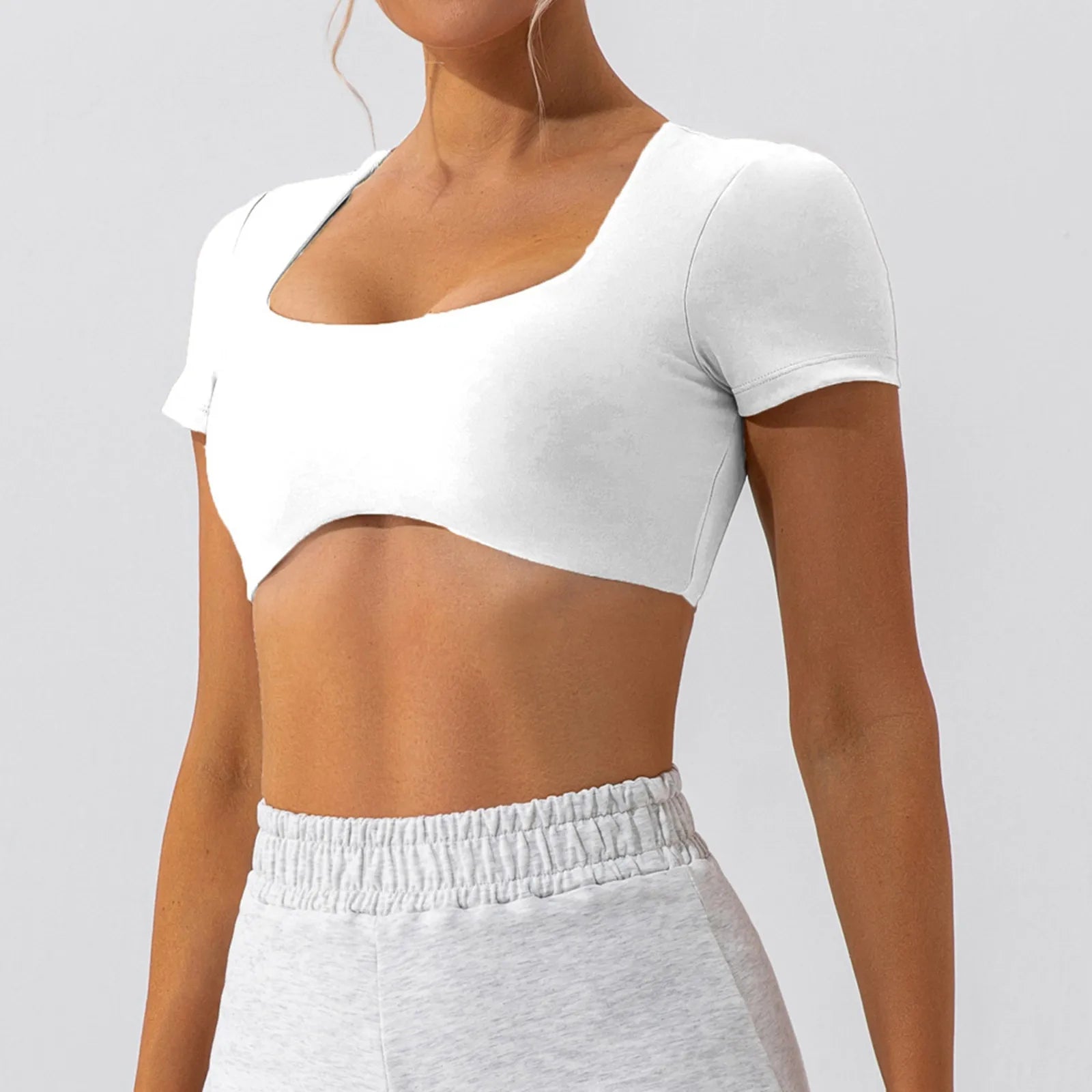 Ultra-Short T-Shirts Women Bare Midriff Square Neck Short Sleeve Tees Yoga Clothes Summer Sportwear Gym Running Quick Dry Tops