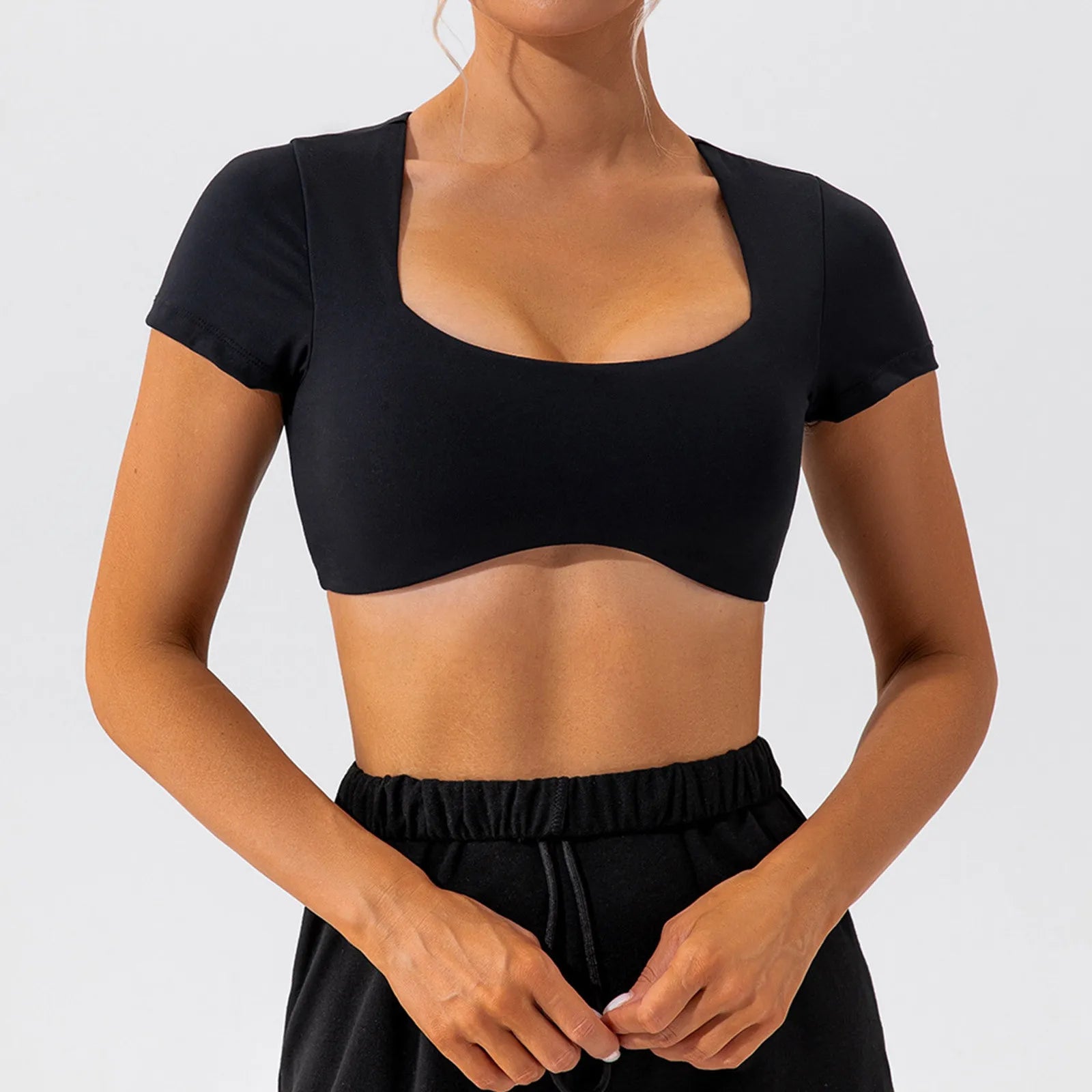 Ultra-Short T-Shirts Women Bare Midriff Square Neck Short Sleeve Tees Yoga Clothes Summer Sportwear Gym Running Quick Dry Tops