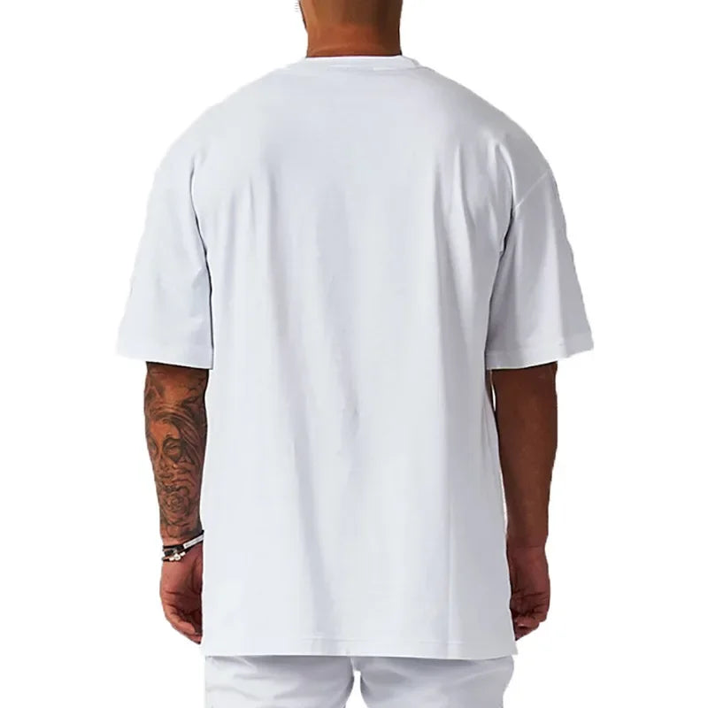 Summer Oversized Mens Cotton Loose Dropped Shoulder Fitness Summer Gym Sports Bodybuilding Short Sleeve T-shirt
