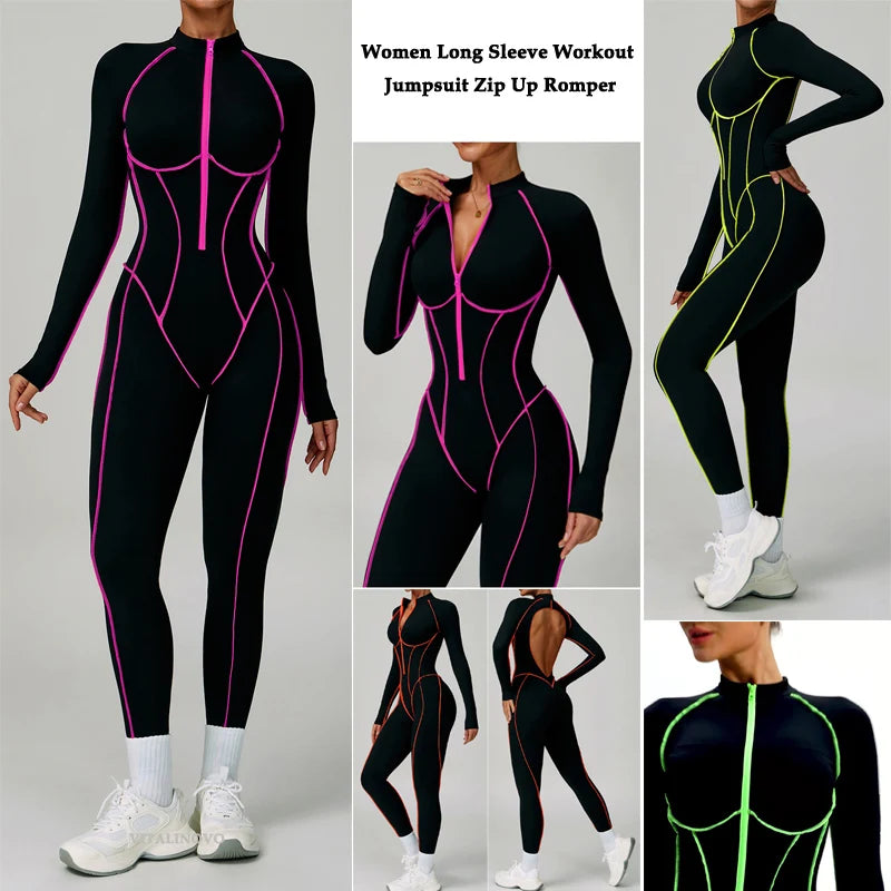 VITALINOVO Women Long Sleeve Workout Jumpsuit Zip Up Romper Bottom Pants Built-in Bra Bodysuit Bodycon Sexy One Piece Colorblock