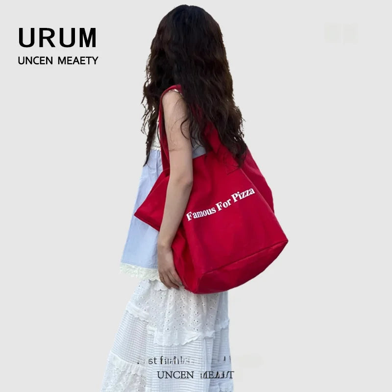 URUM Korean Sle Lazy Letter Red Canvas Tote Bag Women Large Capaci Student Class Single oulder Bag Casual Daily Purse