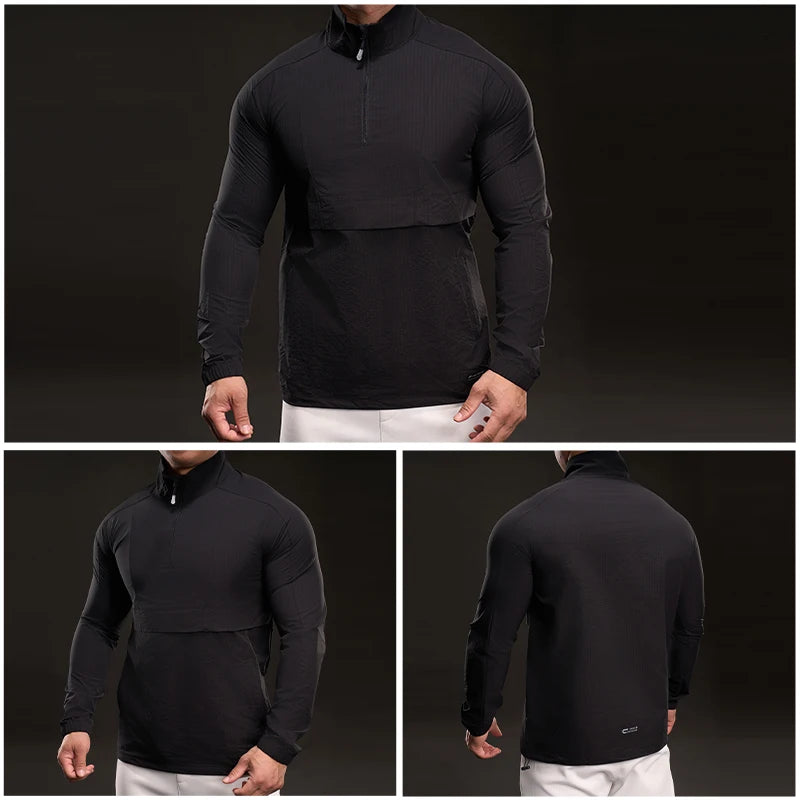 Men Long Sleeves T-shirt Elastic Ice Silk Outdoor Sports Fitness Quick Dry T-Shirt Half Zipper Sports Casual Top Men Sportswear