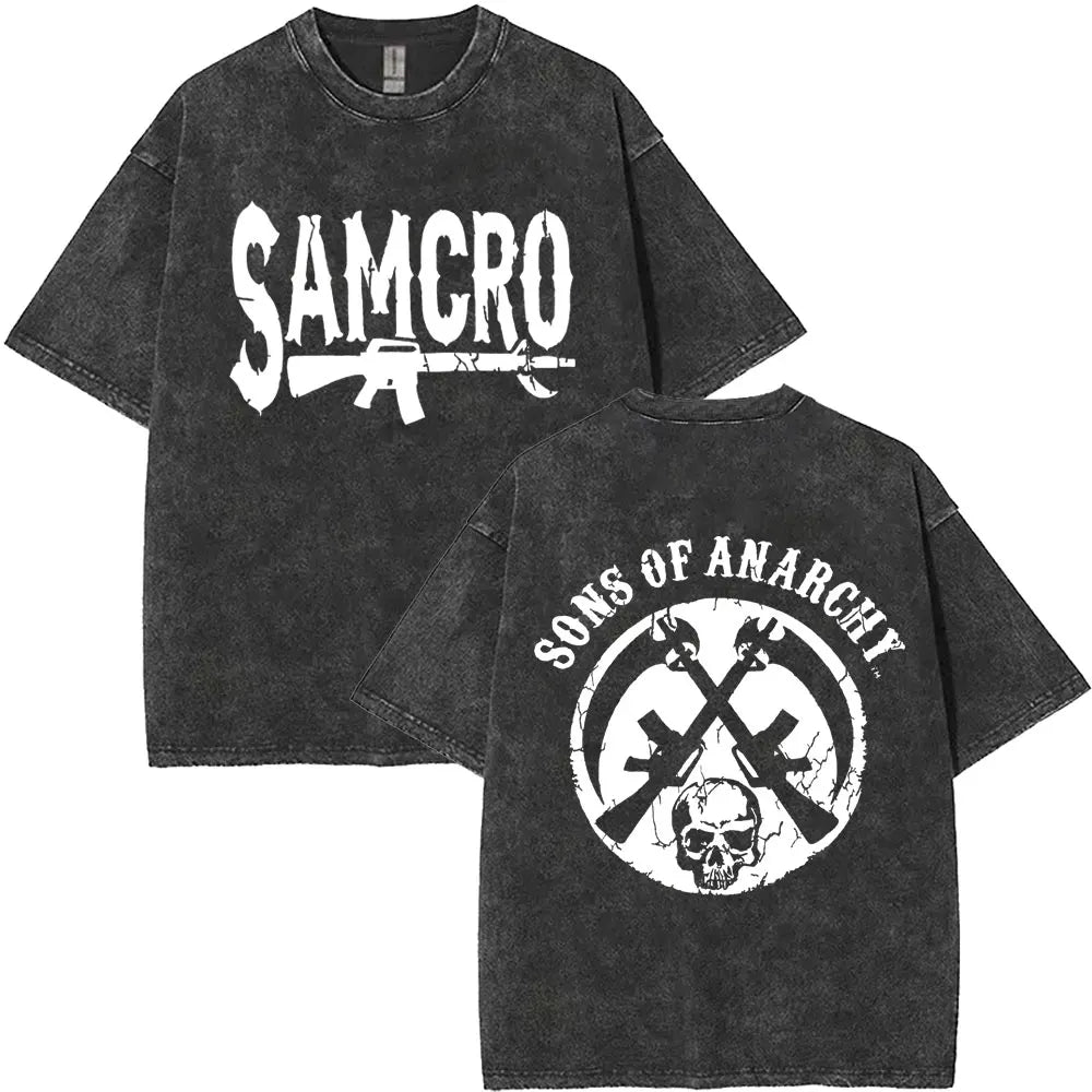 Washed Vintage Sons of Anarchy SAMCRO Double Sided Graphic T Shirt Men Women Hip Hop Rock Oversized T-shirts Male Casual T-shirt