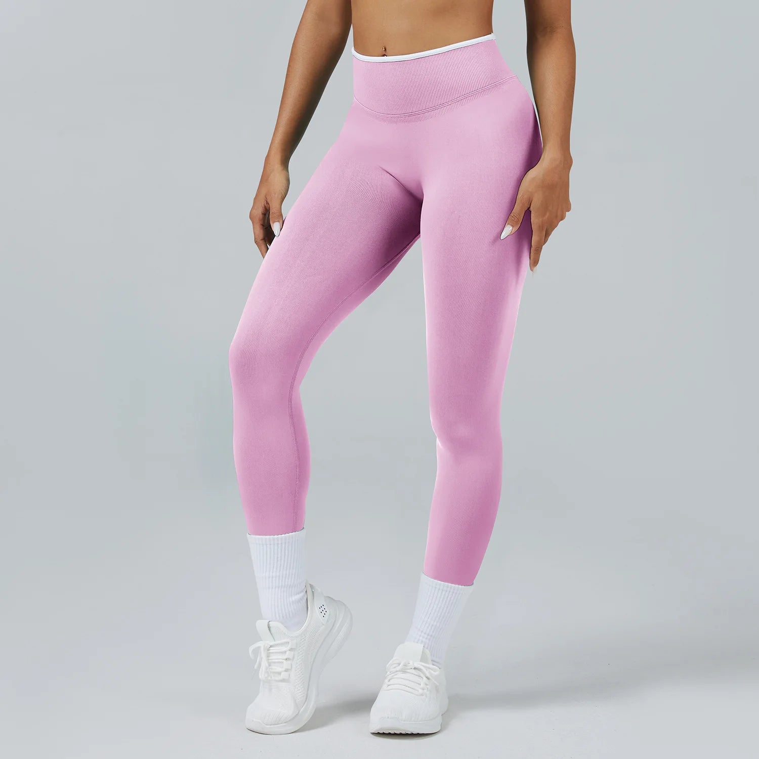 Women Seamless Ribbed Band High Waist Butt Lifting Sports Pants Leggings Compression Fitness Running Gym Workout Wear Suit