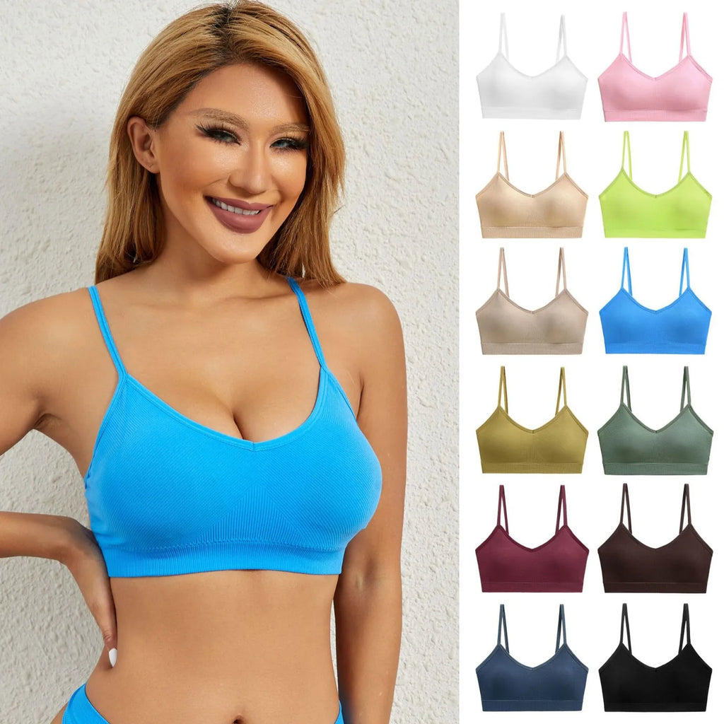 Ladies' Basic Solid Color Workout Yoga Crop Top with Chest Pad Spaghetti Strap Seamless Bralette Wire Free Stretch Camisole Vest